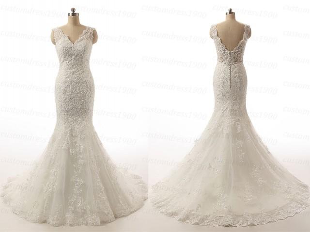 Sexy V-Back Bridal Gowns Handmade Appliqued Tulle Mermaid Wedding Dress ...