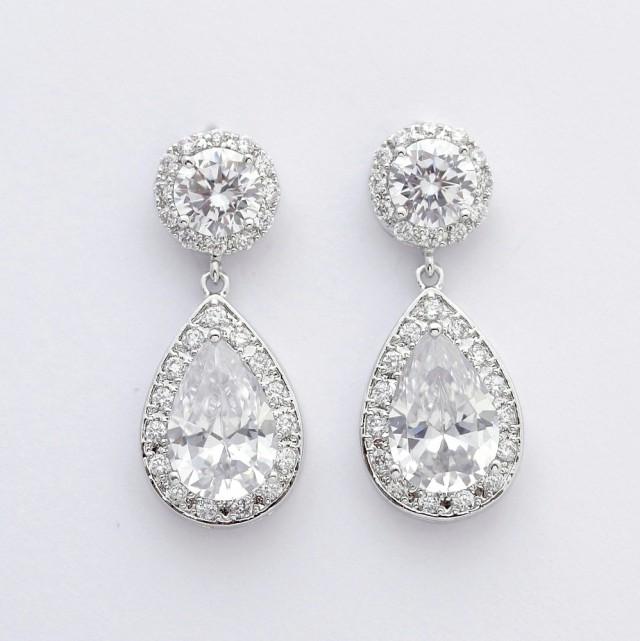 Wedding Crystal Earrings Bridal Jewelry Silver Clear Cubic Zirconia ...