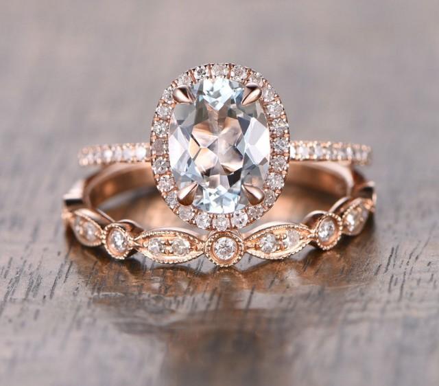 Oval Aquamarine Diamond, Halo Engagement Ring, Rose Gold Art Deco ...