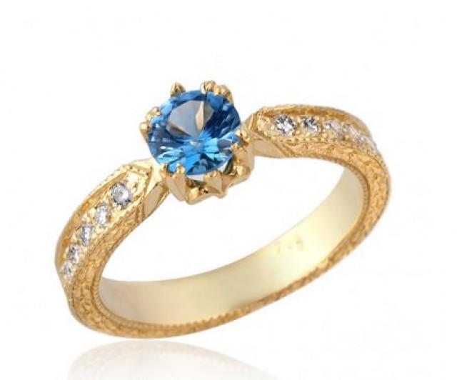 Antique Style Blue Topaz 14k Gold Engagement Ring Blue Topaz Ring Topaz ...