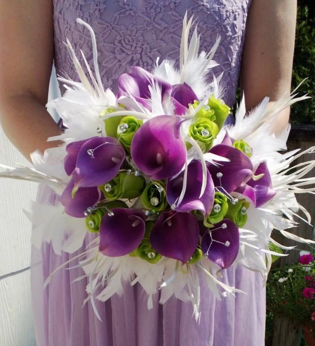 17 Piece Real Touch Lavender Calla Lily White Feather Bridal Bouquet ...