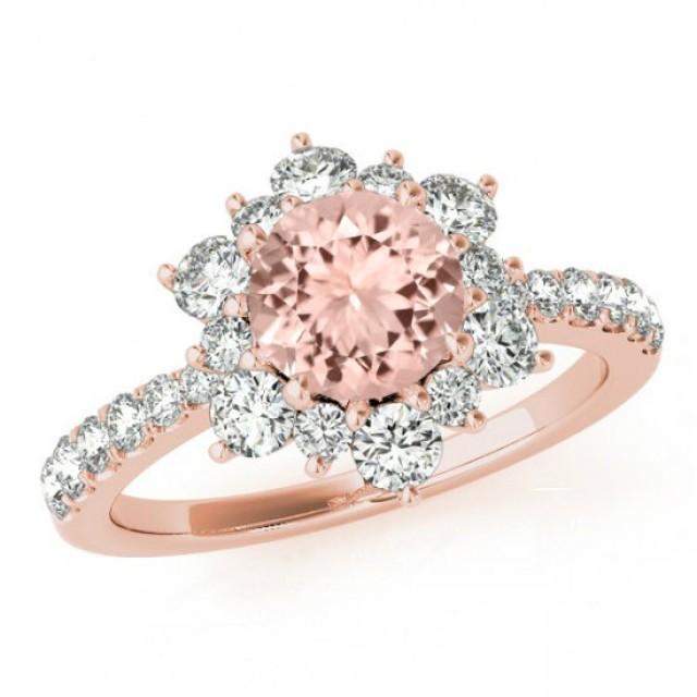 Morganite & Diamond Flower Lotus Halo Engagement Ring 14k Rose Gold - 6 ...