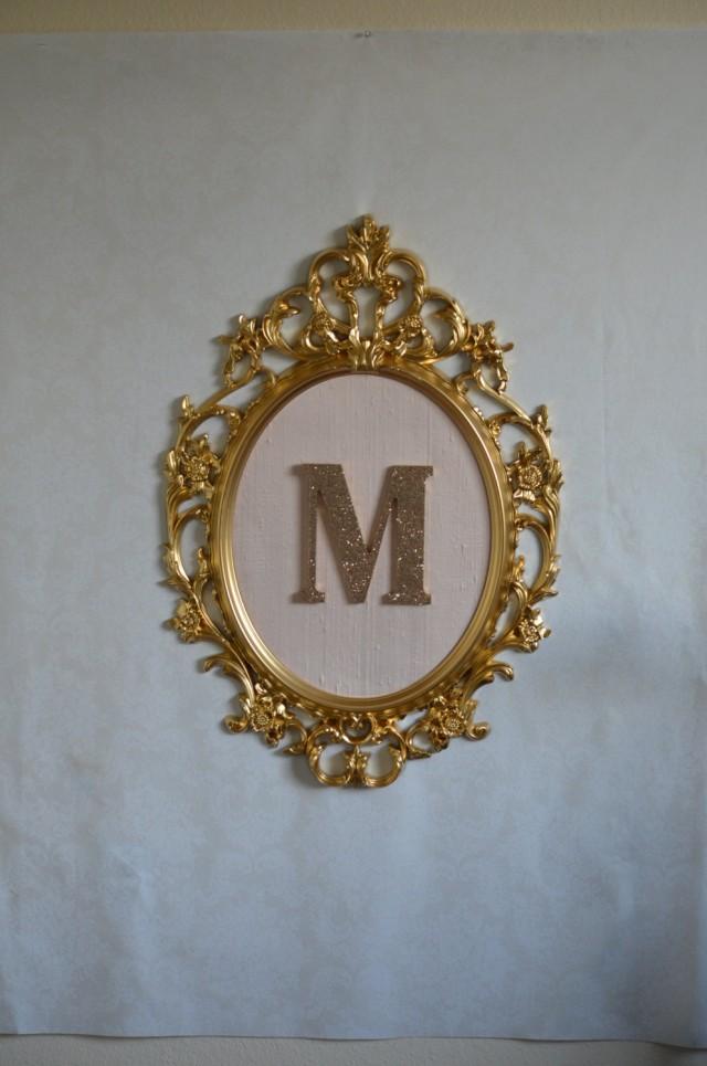 Large Oval Framed Letter-Gold Baroque Frame, Blush Pink Silk Background ...
