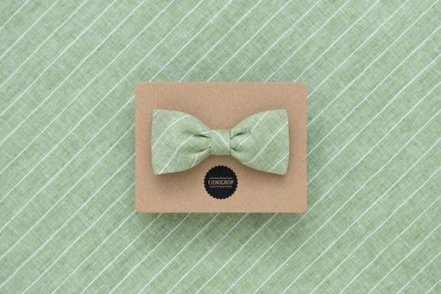 Light Green Striped Beach Wedding Bow Tie, Light Grey Linen Men's Bow ...