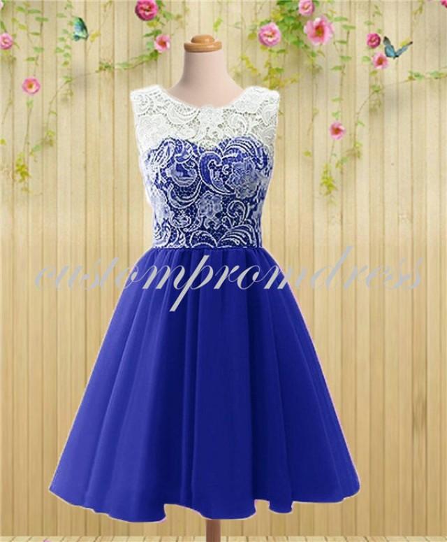 Royal Blue Short Prom Dress, White/Ivory Lace Prom Dress, Homecoming ...