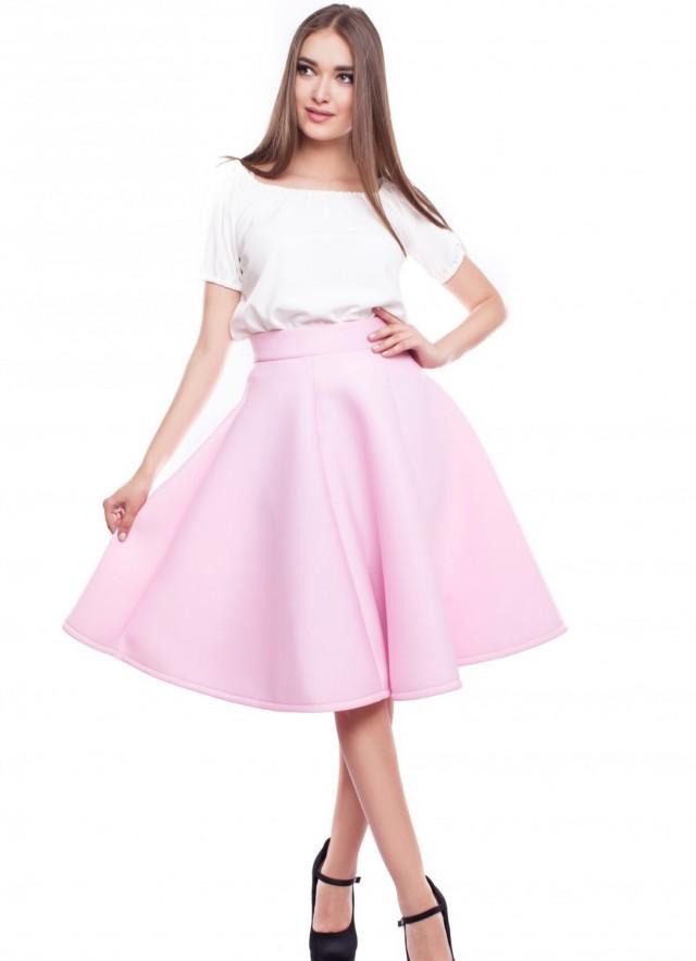 Soft Pink Skirt Knee Length Flared Skirt Formal Prom Light Pink Skirt ...