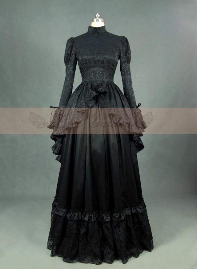 Black Satin Long Sleeves Gothic Victorian Dress #2559648 - Weddbook