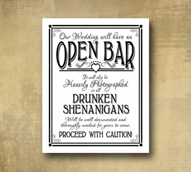 Printed Open Bar Drunken Shenanigans Wedding Bar Sign - Black And White ...