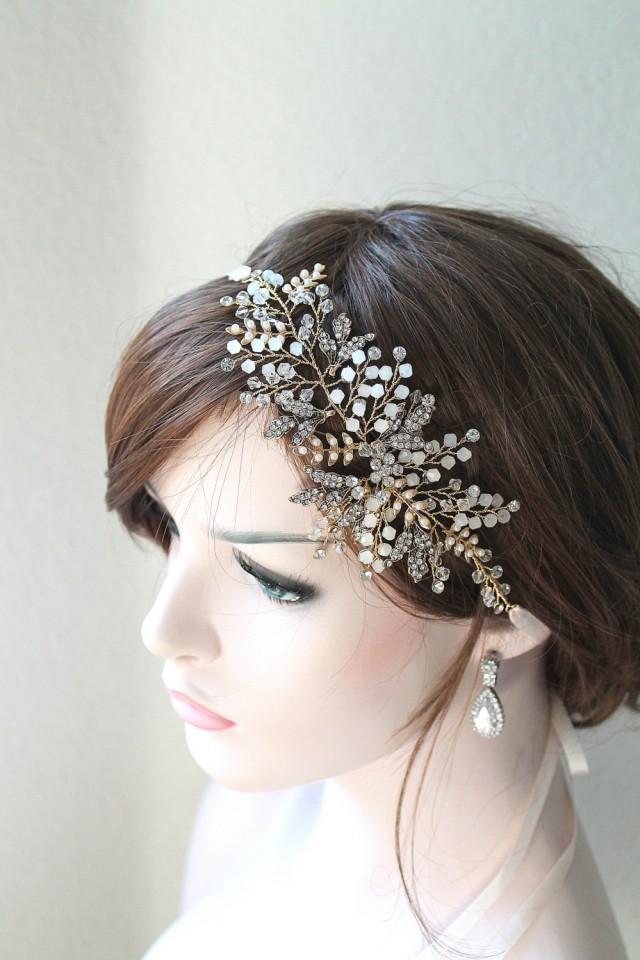 Gold Vine Opal Pearl Bridal Headpiece. Ethereal Delicate Swarovski ...