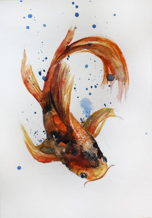 ORIGINAL Watercolor Painting Koi Fish Gold Fish Sea Children Room Art