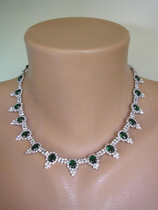 Emerald Green Necklace, Green Rhinestone, Vintage Jewelry, 1980s ...