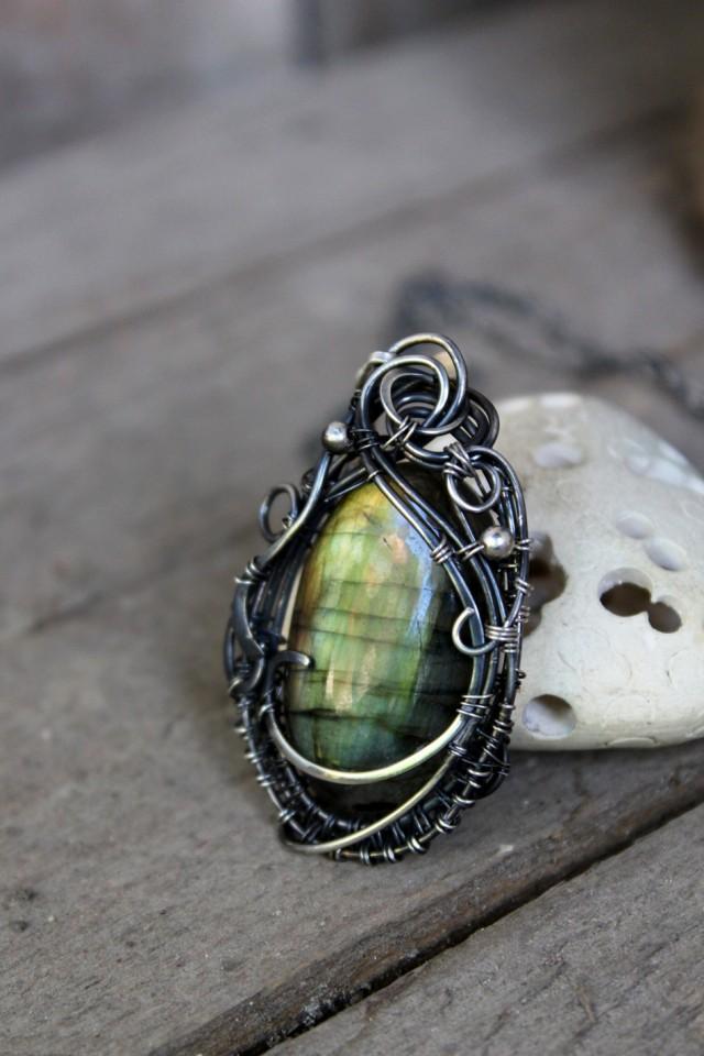 Oxidized Silver Necklace Labradorite Pendant Eye Catching Wire Wrapped ...