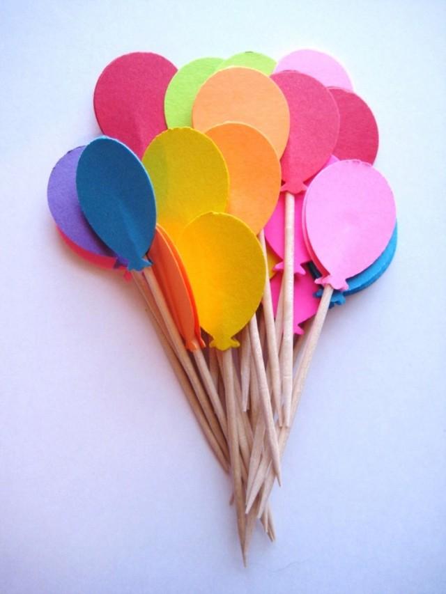 24 Bright Balloon Party Picks - Cupcake Toppers - Toothpicks - Food ...