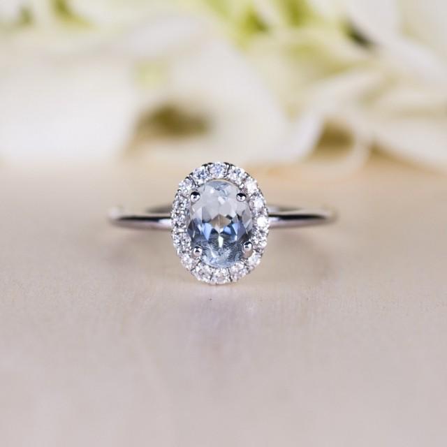 Aquamarine Engagement Ring, Simple Engagement Ring, Diamond Halo, White ...