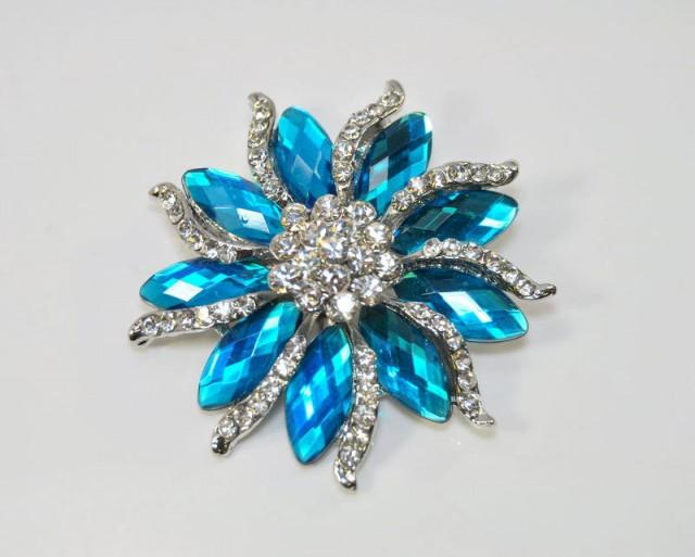 Aqua Brooch Teal Blue Crystal Flower Brooch Turquoise Brooch Pin, Light ...