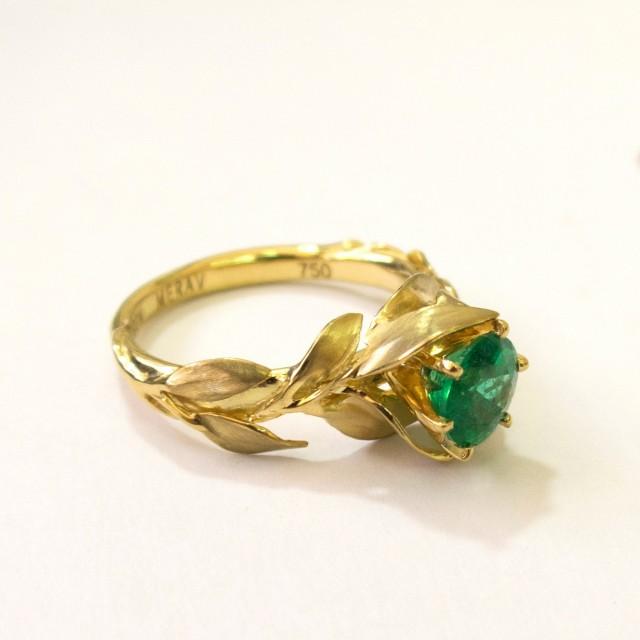 Leaves Engagement Ring - 18K Gold And Emerald Engagement Ring, Unique ...