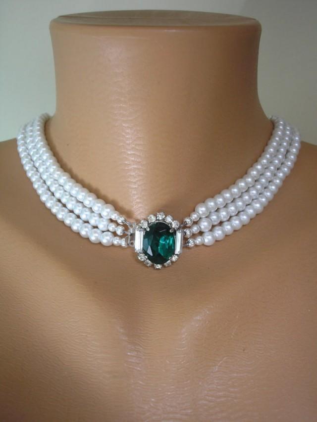Emerald And Pearl Necklace, Emerald Bridal Choker, Great Gatsby, White ...