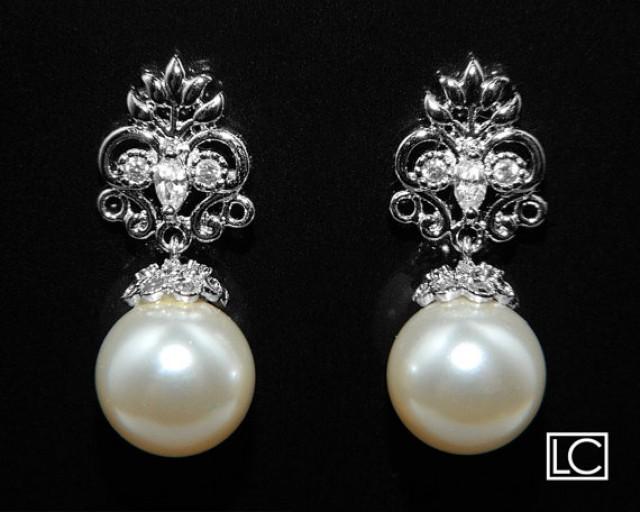 Ivory Pearl Bridal Earrings Drop Pearl CZ Wedding Earrings Swarovski ...
