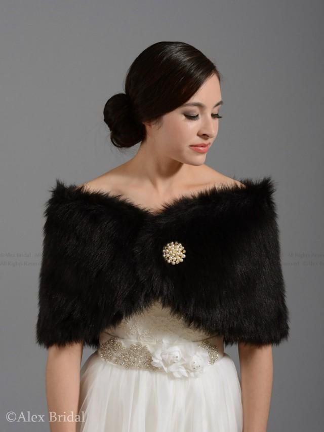 Black Faux Fur Bridal Wrap Shrug Stole Shawl Cape FW005-Black Regular ...