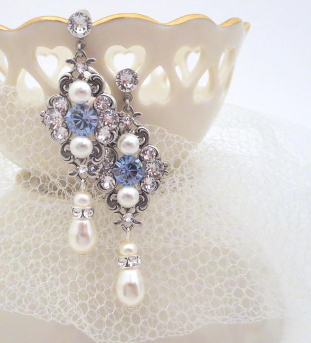 Sapphire Blue Bridal Earrings, Crystal Wedding Earrings, Pearl Wedding ...