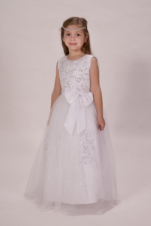 Stunning White Lace With Satin Bow Flower Girls Dress Long Length Girls ...