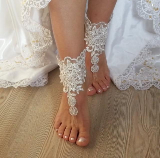 Ivory Barefoot Silver Frame , French Lace Sandals, Wedding Anklet ...