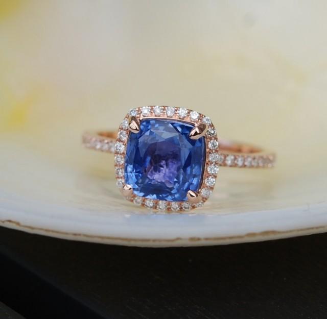 Cornflower Blue Sapphire Ring. Square Cushion Diamond Ring. 14k Rose ...