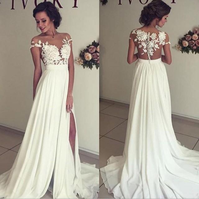 Sexy A-Line Split Side Sheer Neck Long Wedding Dress Bridal Gown With ...