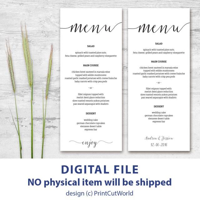 Printable Menu Card 4x9 Rustic Wedding Menu Template Instant Downolad ...