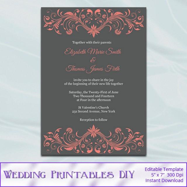 Coral And Gray Wedding Invitation Template, Diy Printable Modern Bridal ...