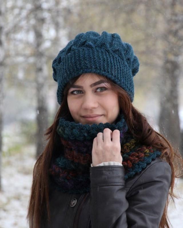 Crochet Hat And Scarf Set Crochet Blue Colors Hat Winter Set Lace Shawl ...