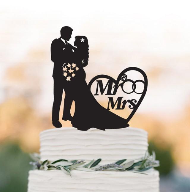 Mr And Mrs Wedding Cake Topper With Rings And Heart Decor, Bride And ...