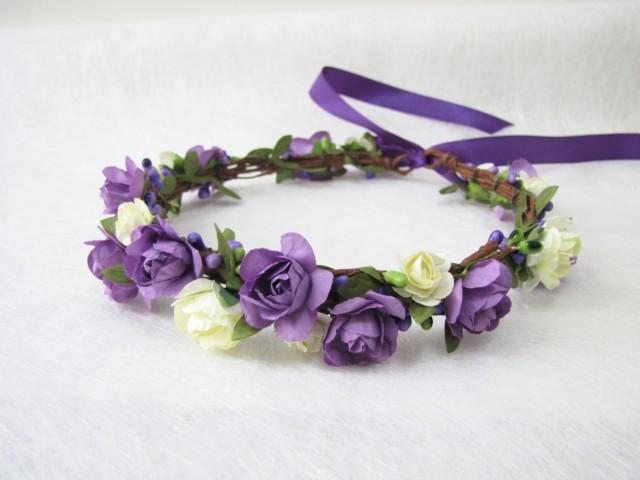 Wedding Floral Crown, Ivory Purple Flower Headband, Floral Head Wreath ...