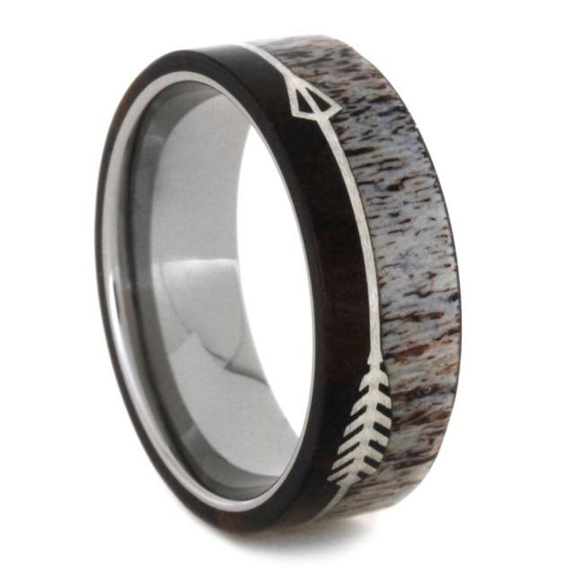 Titanium Wedding Band With Deer Antler And Ironwood, Silver Arrow Ring ...