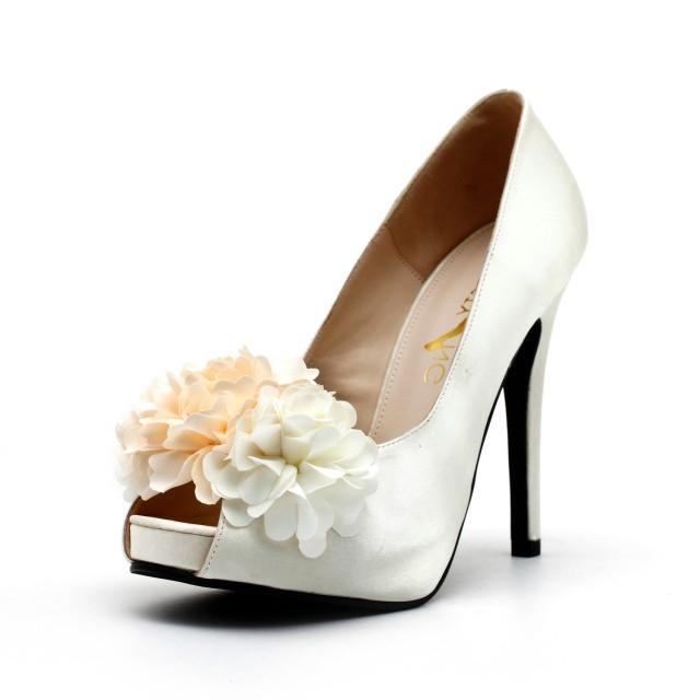 Ivroy White Satin Wedding Shoes With Fabric Flowers #2608741 - Weddbook