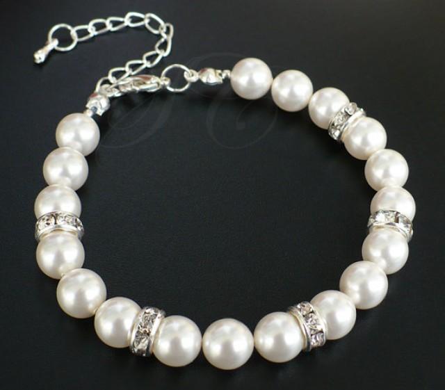 Bridal Pearl Bracelet Single Strand Pearls Wedding Jewelry Rhinestone ...