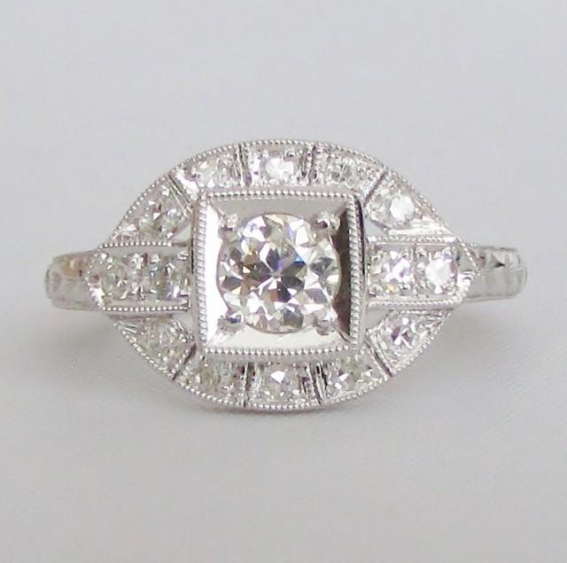 Vintage Diamond Cluster Engagement Ring - Hand Engraving & Miligrain ...