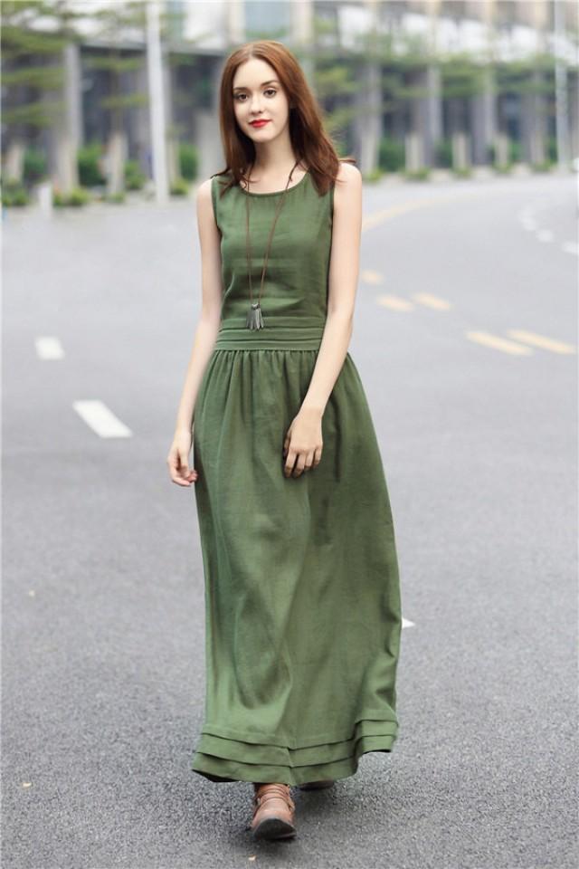 Maxi Green Linen Dress With Pintuck Bottom (many Colors), Long Linen ...