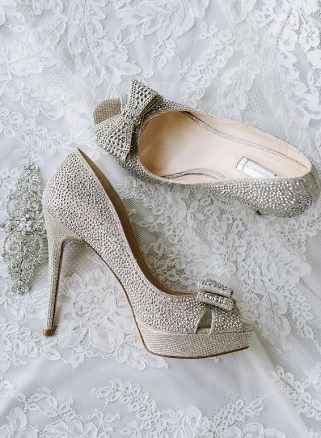 Studded Silver Bow Peep-Toe Wedding Shoes #2617312 - Weddbook