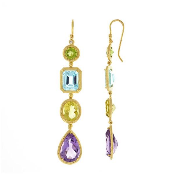 Multi-Color Gemstone & Diamond Dangle Textured Earrings 18k Yellow Gold ...