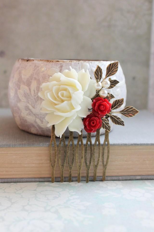 Red Rose Hair Comb Cream Rose Comb Bridal Hair Piece Branch Hair Comb ...