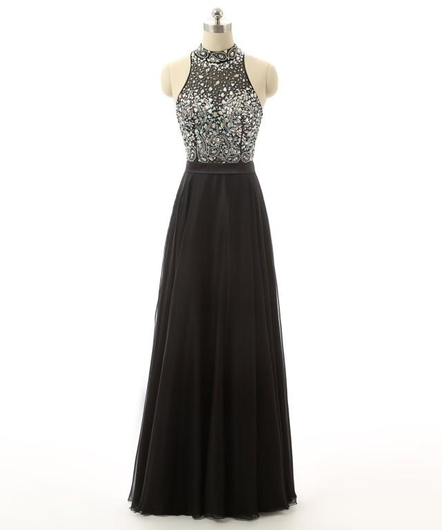 Elegant High Neck Women's Formal Dress Floor Length Black Prom Dresses ...