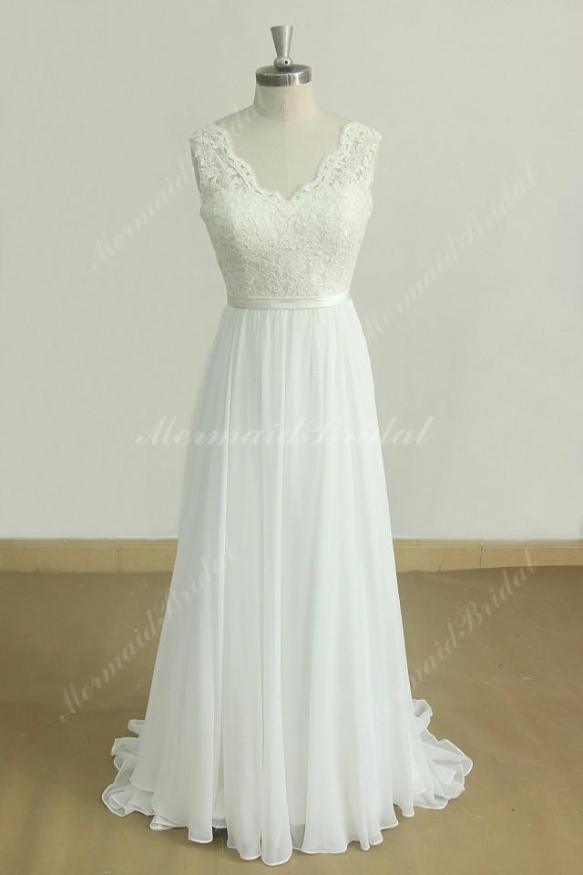 Deep V Neckline Ivory A Line Chiffon Lace Wedding Dress With Scallop ...