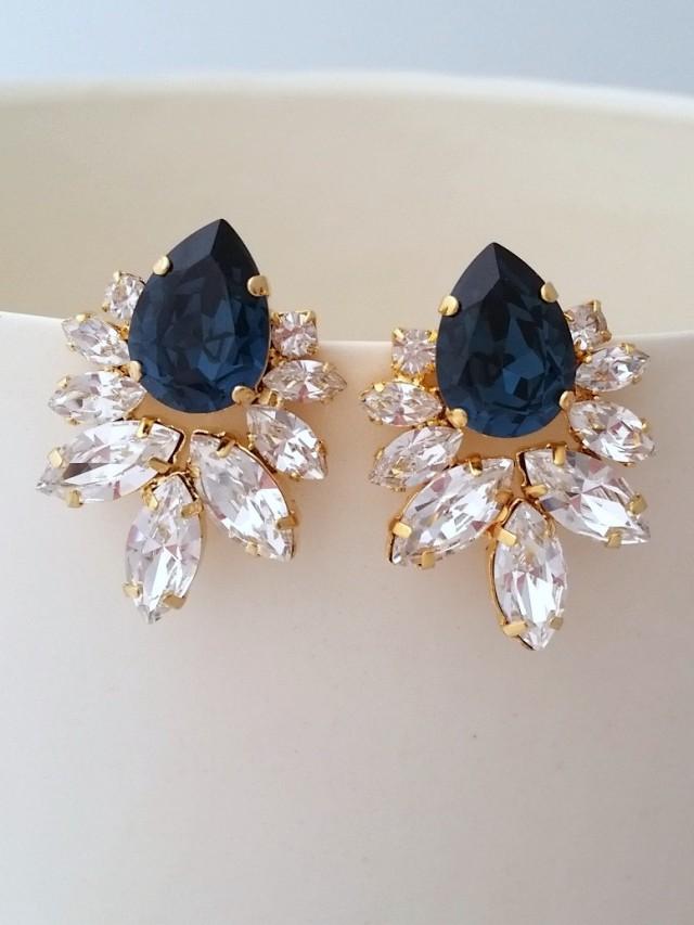 Bridal Earrings,Navy Blue Earrings,Navy Blue Crystal Statement Stud ...