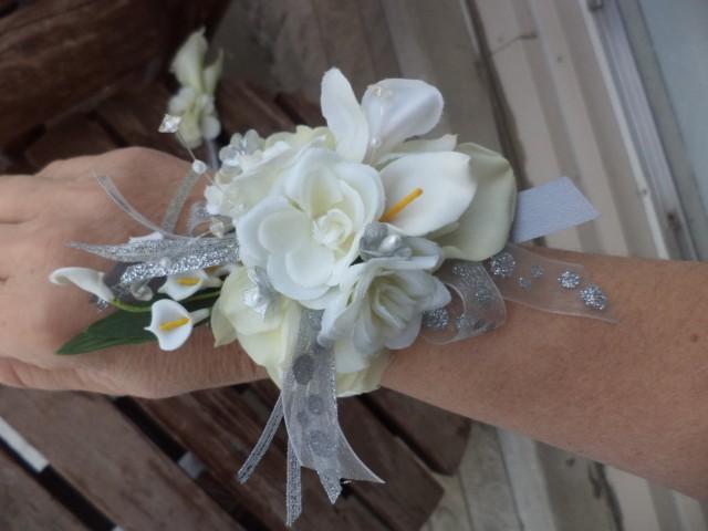 White And Silver Real Touch Silk Wrist Corsage And Boutonniere ...