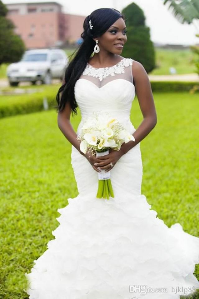 2016 New Nigerian Mermaid Wedding Dresses Sheer Neck Appliques Ruffles ...