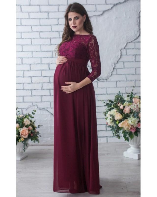 Burgundy Floor Length Dress Maternity.Lace Chiffon Formal Dress ...