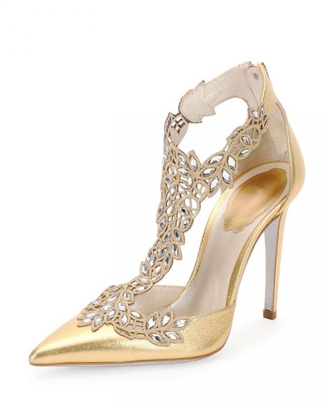Shoe - Crystal-Lace Metallic Leather Pump, Gold #2646933 - Weddbook