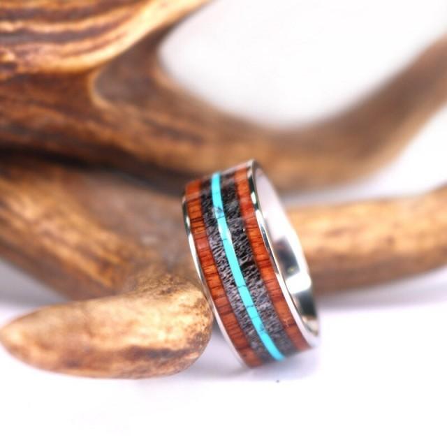 Antler, Turquoise And Koa Wood Titanium Mens Wedding Band 9mm Wood Mens ...