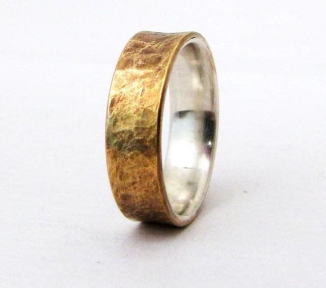 Brass Distressed Ring Silver Liner Rustic Wedding Band Mens Rugged ...